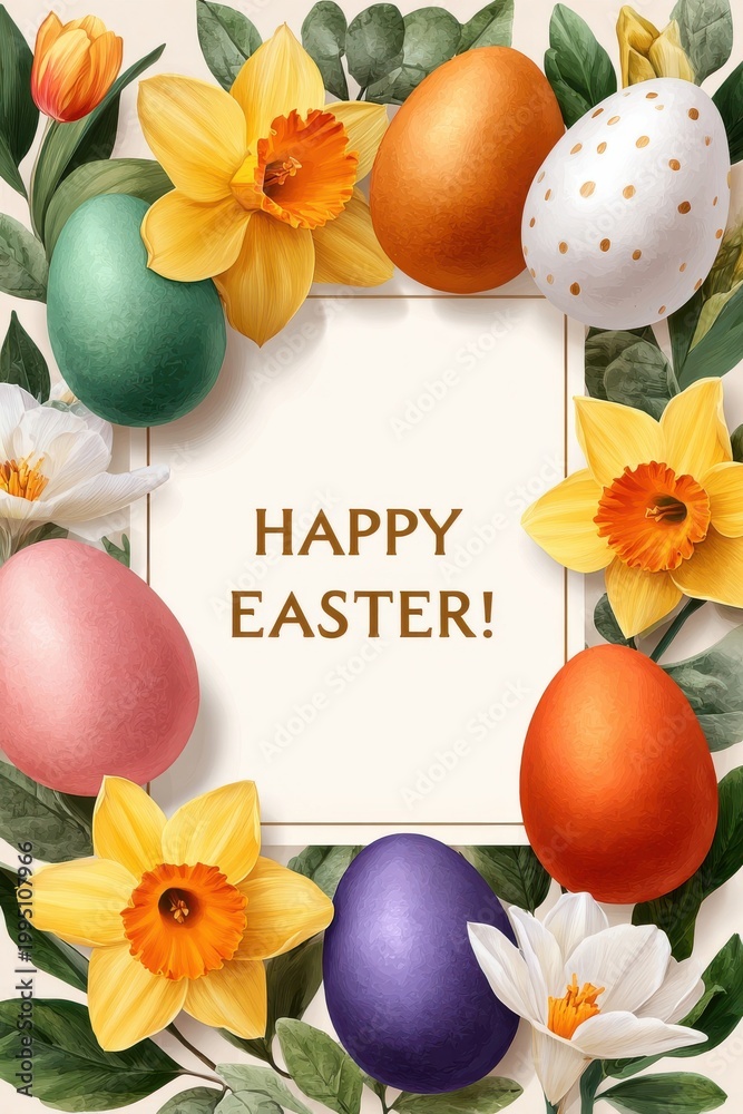 Fototapeta premium Happy Easter floral border with watercolor eggs and daffodils for spring celebration