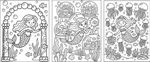 Cute mermaid underwater coloring pages set with jellyfish castle and ocean scenes line art