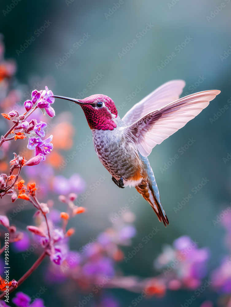 Obraz premium Beautiful hummingbird hovering near purple flowers. Macro shot of a tiny colorful bird in flight with blurred background, representing nature, wildlife, and spring garden beauty