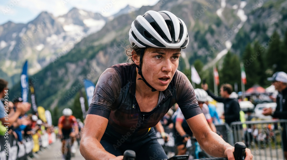Fototapeta premium Woman cyclist rides hard during a race in a mountainous area. People cheer from the sidelines while others watch from the background.