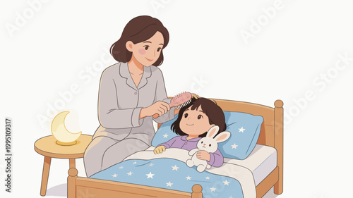 Mother brushing hair of daughter in bed with bunny at nighttime  