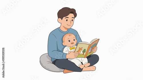 Father reading a book to baby while sitting on a cushion  