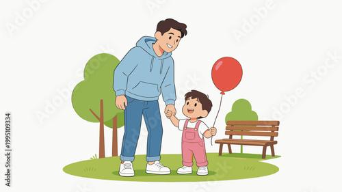 Father and son holding hands with red balloon in park setting  