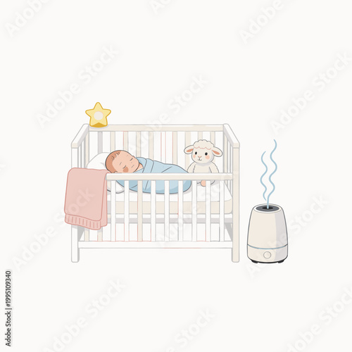 Cute baby sleeping peacefully in a crib with a stuffed animal  