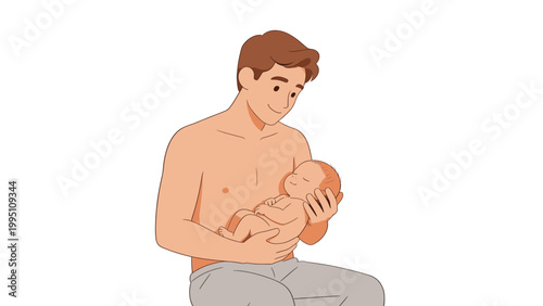 Young man holding and smiling at newborn baby in a caring pose  