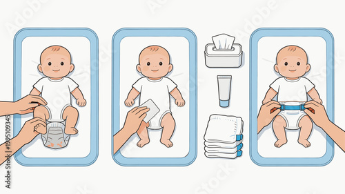 Steps for changing a baby's diaper with wipes and cream illustration  