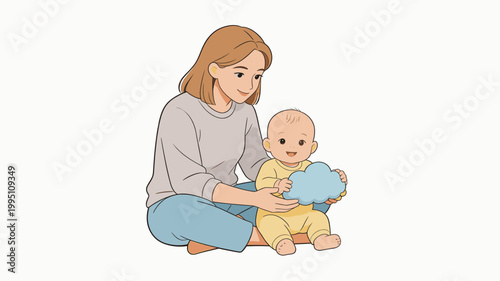 Mother playing with baby and holding a cloud toy in colorful setting  