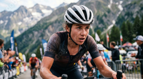 Woman cyclist rides hard during a race in a mountainous area. People cheer from the sidelines while others watch from the background.