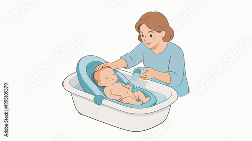 Mother bathing baby in a tub with gentle care at home  