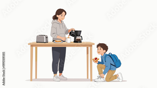 Woman preparing coffee in kitchen while child enjoys snack  