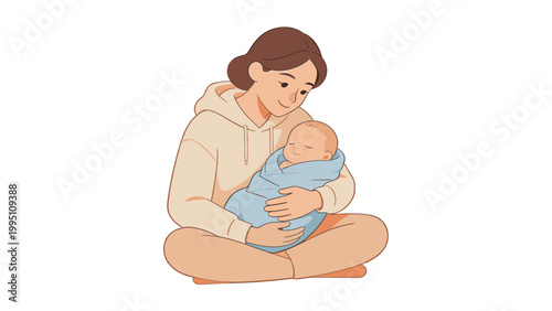 Young woman holding a newborn baby wrapped in a blue blanket  