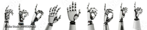 Photos Set of robotic hands showing various gestures, 3D render of humanoid mechanical