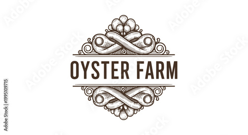 Vintage Oyster Farm Logo with Engraved Style and Ornate Border