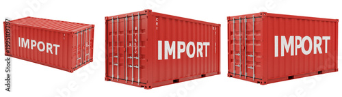 Foto Set of red cargo shipping containers with white import text, 3d render of indust