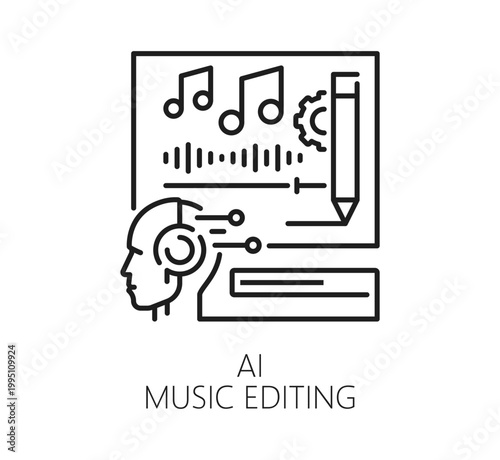 AI artificial intelligence technology icon for music editing tool, , vector line pictogram. AI technology icon of digital machine learning for music creation and songs recording with studio chatbot