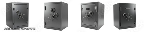Billede på lærred Set of heavy duty steel metal bank safe boxes in different angles, 3d render of
