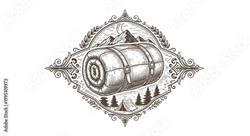 Vintage Engraved Camping Scene with Rolled Sleeping Bag and Mountains