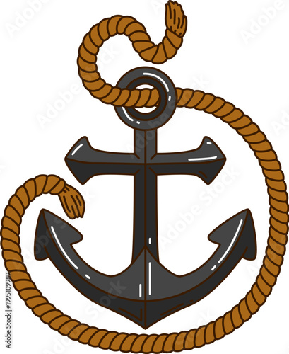 Pirate game icon of corsair ship anchor with rope in cartoon groovy vector. Caribbean pirate game item of corsair sailboat or boat equipment, marine anchor with mooring rope for piracy adventure game