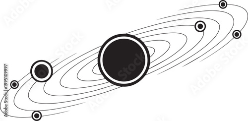 Stylized black and white illustration of a solar system with a large central planet and orbiting bodies
