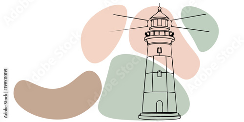 Minimalist line art illustration of a tall coastal lighthouse glowing brightly against soft abstract pastel colour shapes