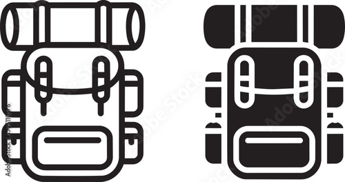Hiking backpack vector illustration outline and filled styles with travel backpack expedition backpack