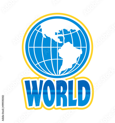 Blue world globe Y2K groovy sticker or label. Planet Y2K vector wireframe globe label, world mesh sphere sticker. Earth terrestrial sphere tag with blue and white color globe, typography