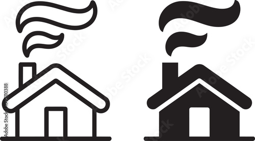 Houses with smoke set of 2 coming from chimneys vector illustration outline and filled with house clean