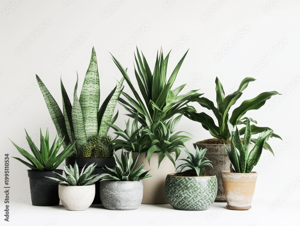 Obraz premium Diverse Collection of Indoor Plants in Decorative Pots on White Background