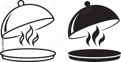 Serving platter with open dome lid and steam illustration with food icon hot food symbol
