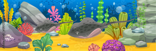 Underwater landscape game background with stingray or manta. Coral reef life vector backdrop, marine underwater landscape with stingrays cartoon characters, rocks, corals and seaweeds on ocean bottom