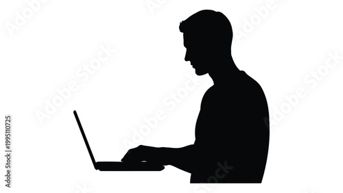 A silhouette of a man focused on typing on a laptop against a white background