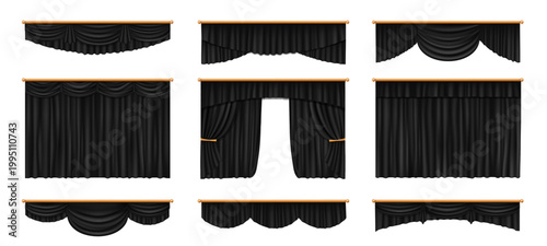 Theater stage black curtains. Realistic 3d vector set of dark valances with swags drapes, tiebacks and rods. Charcoal theater curtains for stage performance, theatrical, cinematic, presentation events
