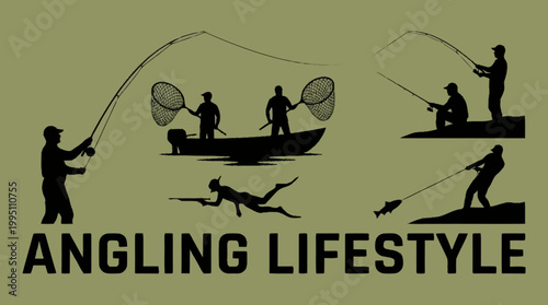 A collection of silhouettes depicting various angling activities, including fly fishing, boat fishing, and spearfishing, with the text "ANGLING LIFESTYLE" below.