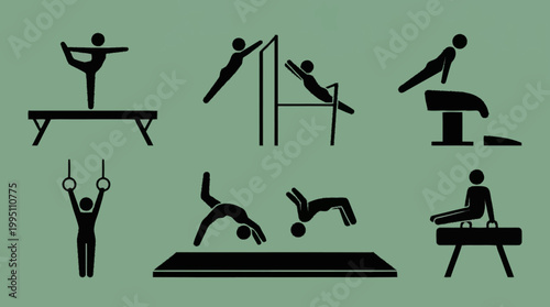 Collection of stylized black stick figures performing various artistic gymnastics routines on different apparatus.