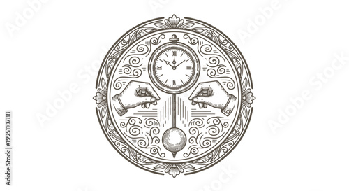 Vintage Engraved Clock Face with Pendulum and Hands Illustration