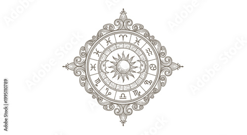 Ornate Vintage Zodiac Wheel with Sun and Astrology Symbols
