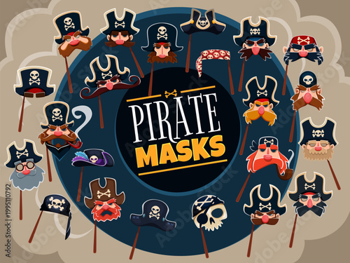 Cartoon pirate photo booth and kids party carnival masks and props. Vector pirate captain costume hats, beards and bandanas, corsair sailor skull, eye patches and moustaches photo booth props set