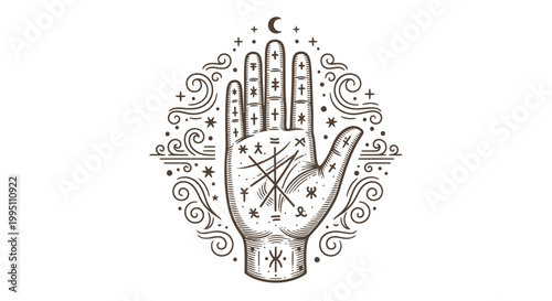 Vintage Engraved Palmistry Hand with Astrological Symbols and Celestial Elements
