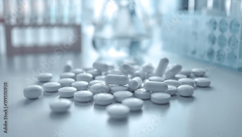 White medical pills and capsules on laboratory desk macro shot