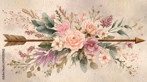 Rustic watercolor floral arrow bouquet illustration with soft pastel blossoms
