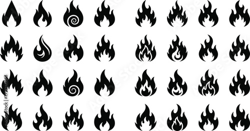 Large collection of fire flame icons set with various shapes and styles isolated on white background for bonfire heat energy and hazard design