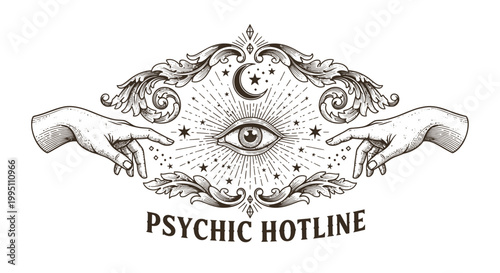 Vintage Engraved Eye, Moon, Stars, Hands, Psychic Hotline Logo