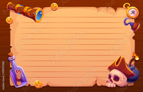 Old pirate paper scroll vintage memo note with piracy game icons. Lined parchment on wooden background with telescope, compass, hook, and skull in pirate hat. Vector memo note for pirate stationery