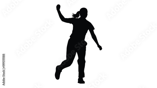 Silhouette of a woman celebrating victory with a raised arm and dynamic pose