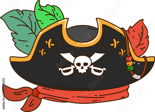 Cartoon pirate character tricorn hat with green and red feathers and bandana. Groovy black corsair hat with skull and bones, golden trim, feathers and beads. Cartoon vector headdress for skipper