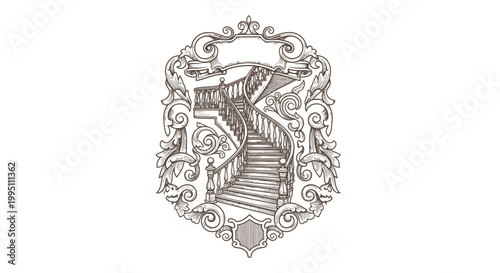 Vintage Engraved Staircase Emblem with Ornate Flourishes