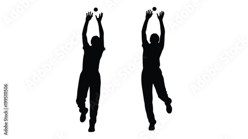 Two silhouettes of people tossing balls upwards showcasing a playful or athletic moment