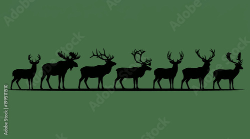 A lineup of various deer species and a moose, depicted as black silhouettes against a solid green background.