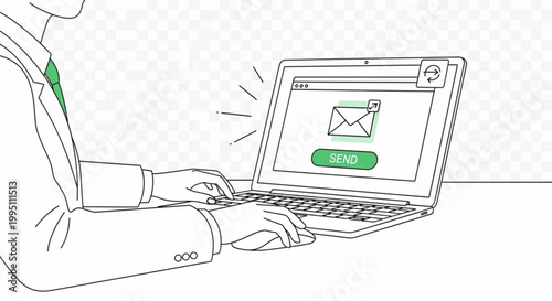 A person in a suit typing on a laptop with an email send button on the screen in a line drawing style