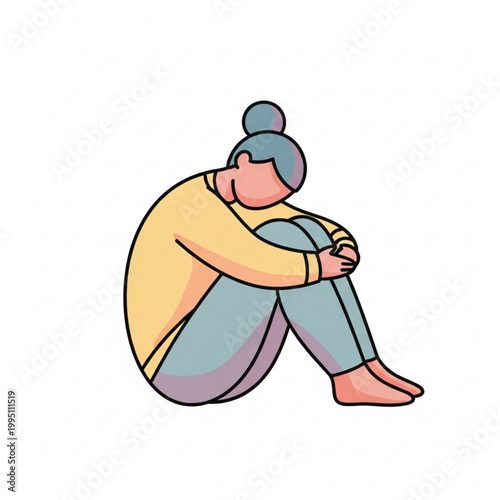 A cartoon illustration of a sad woman sitting alone on the floor with her head down and arms wrapped around her knees